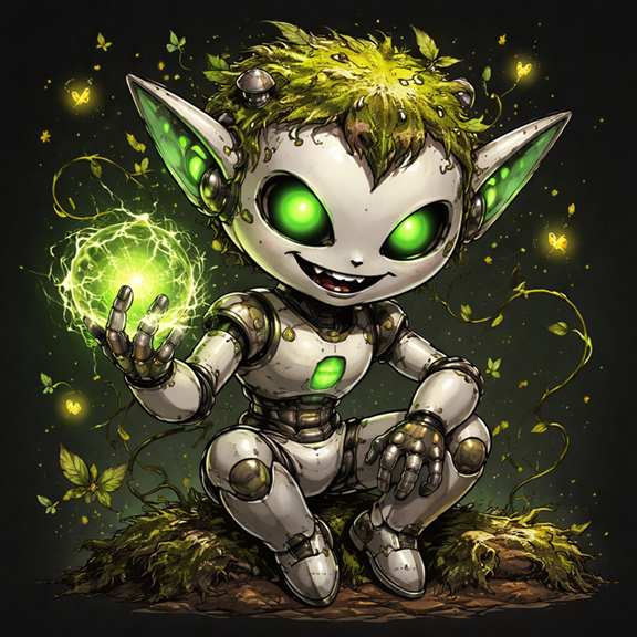 Puck, een kleine robot met groene ogen en een lichtbol