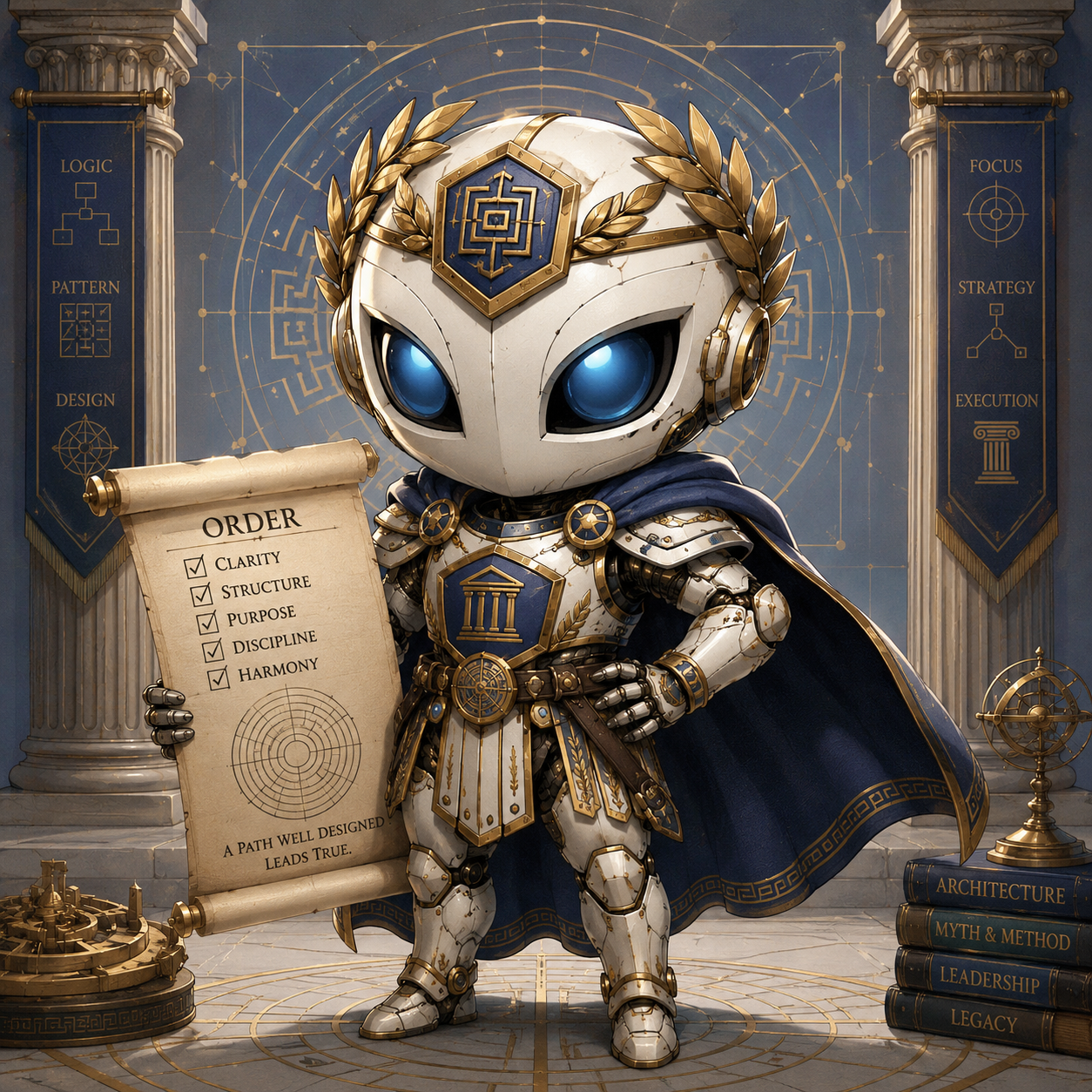 Theseus, een kleine robot in blauw en gouden harnas